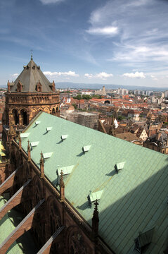 View cross the roof of Strasbourg cahtedral and the city, Alsace