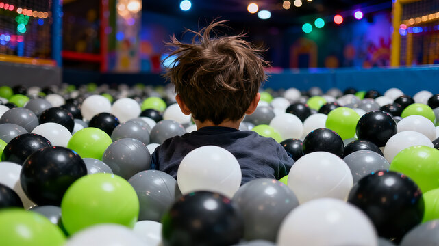 A child seen from the back, immersed in a ball pit filled with black, white, and green balls, enjoying playtime in a colorful indoor playground.
