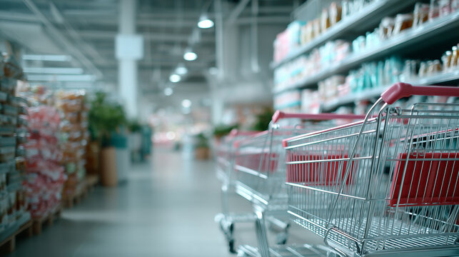 Einkaufen im Supermarkt &ndash; Einkaufswagen und Warenregale im Einzelhandel