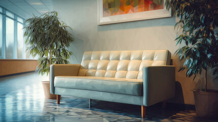 来訪者が静かに待つための待合ソファが配置された、落ち着いたオフィス受付空間の水彩ポリゴン