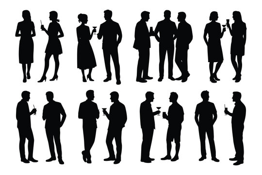 Silhouettes of people socializing and holding drinks at an event