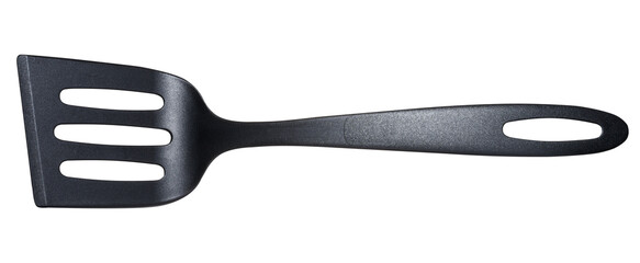 Black plastic kitchen spatula with slots