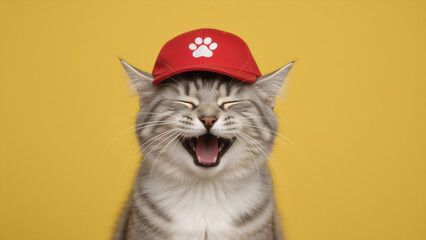Funny laughing grey tabby cat wearing a red baseball cap. Happy pet portrait with open mouth on yellow background. Humorous animal concept