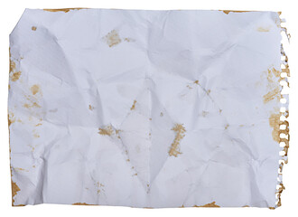 White crumpled sheet of notebook paper, torn edge with spring holes, numerous brown coffee stains and streaks