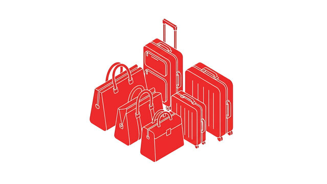 Isometric illustration of various red suitcases and travel bags with white outlines on a clean white background