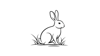Obraz premium Minimalist black line art illustration of a rabbit sitting in a field of grass on a plain white background