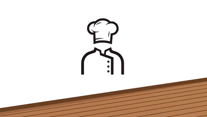 Minimalist black outline of a chef's hat and jacket on a white background with a wooden surface