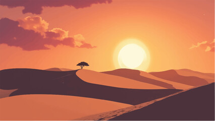 Desert landscape. Desert dunes with sunset. Illustration of a desert landscape. 