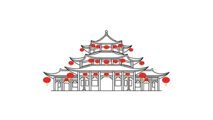 Fototapeta premium Outline illustration of a multi-tiered traditional East Asian pagoda-style building adorned with red lanterns
