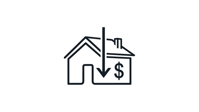 Outline icon of a house with a downward arrow impacting a dollar sign, signifying decreasing property value or cost