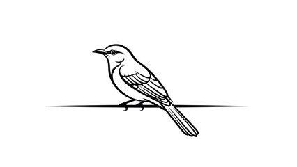 Fototapeta premium Simple black outline drawing of a small passerine bird perched on a horizontal line, facing left