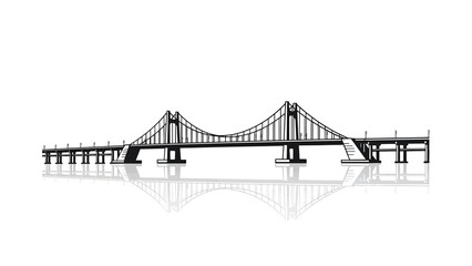 Obraz premium Sleek black silhouette of a large suspension bridge with its subtle reflection on a bright white background