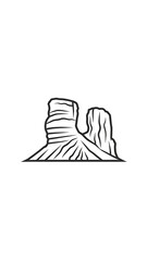 Stylized black outline drawing of two majestic desert rock formations, rising from a flat plain. Simple landscape
