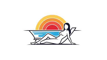 Fototapeta premium Stylized graphic of a woman reclining on a lounge chair, with a colorful striped sun and blue water behind her
