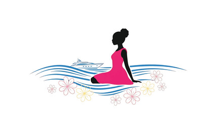 Stylized illustration of a woman in a pink dress sitting by blue waves, with a yacht and flowers