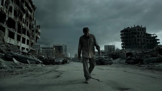 Lone figure walks through eerie abandoned cityscape under dark skies