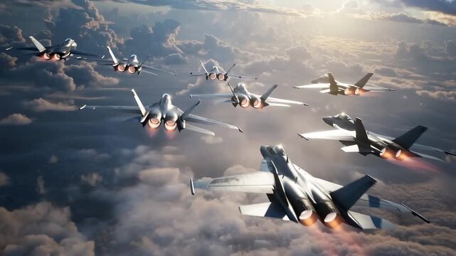 Aerial formation of fighter jets above the clouds at sunset
