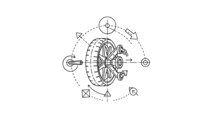 Fototapeta premium Technical line drawing of a wheel and tire with surrounding arrows, circles, and shapes suggesting motion or design