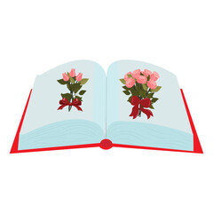 An open book with elegant bouquets of pink roses tied with red bows on its pages. Vector illustration isolated on a white background.