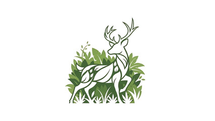 Stylized white deer silhouette with green leafy textures, standing amidst lush foliage on a white background