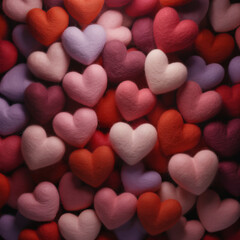 Obraz premium Many hearts in warm tones formed from wool by needle felting.