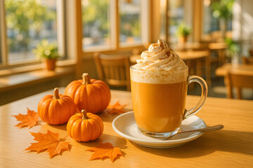 Pumpkin Spice Latte with Whipped Cream and Autumn Decor