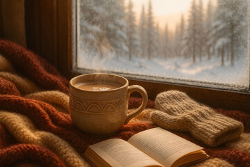 Cozy Winter Window Scene with Hot Coffee and Open Book