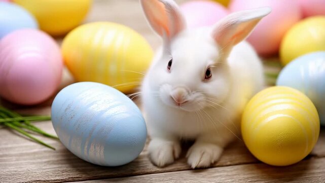 Curious rabbit exploring colorful easter eggs in vibrant spring setting