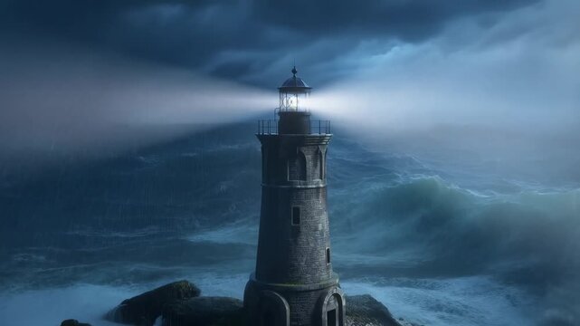 Stormy night lighthouse beacon shines over turbulent sea waves lighting the way