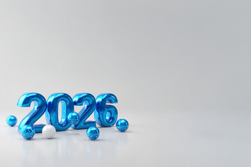 Nombre 2026 bleu brillantsen volume pos&eacute;s sur fond clair minimaliste avec espace n&eacute;gatif copyspace, concept festif pour nouvel an, Saint Sylvestre et toute autre f&ecirc;te de l&rsquo;ann&eacute;e