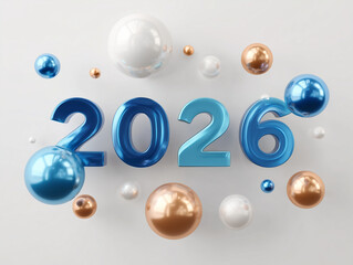 Chiffres 2026 bleus d&eacute;grad&eacute;s en relief 3D avec sph&egrave;res m&eacute;talliques bleues, blanches et dor&eacute;es sur fond clair, d&eacute;cor festif moderne pour nouvel an, Saint Sylvestre et toute autre f&ecirc;te de l&rsquo;ann&eacute;e