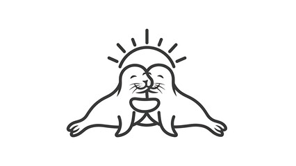 Two outline seals embracing with a stylized sun, symbolizing love and warmth, minimalist graphic