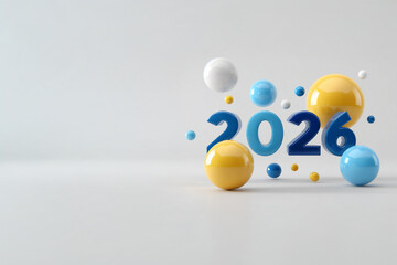 Chiffres 2026 bleus et jaunes en relief 3D avec billes color&eacute;es en volume sur fond gris clair minimaliste avec espace n&eacute;gatif copyspace pour nouvel an, Saint Sylvestre et toute autre f&ecirc;te de l&rsquo;ann&eacute;e