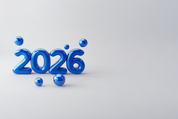 Nombre 2026 bleu brillantsen volume pos&eacute;s sur fond clair minimaliste avec espace n&eacute;gatif copyspace, concept festif pour nouvel an, Saint Sylvestre et toute autre f&ecirc;te de l&rsquo;ann&eacute;e