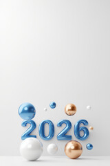 Chiffres 2026 bleus m&eacute;talliques en relief 3D avec sph&egrave;res dor&eacute;es blanches et bleues sur fond clair lumineux avec espace n&eacute;gatif copyspace pour nouvel an, Saint Sylvestre et f&ecirc;tes de l&rsquo;ann&eacute;e