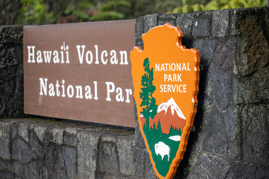 Hilo, Hawaii, USA - 4.23.2025: Entrance sign to Volcanoes National Park