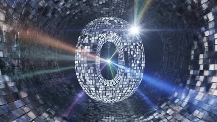 A dazzling disco ball brilliantly illuminated by vibrant green blue and purple laser beams creates an electrifying and dynamic light show reflecting countless sparkles across a mirrored tunnel evokin.