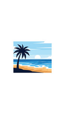 Obraz premium Vibrant tropical beach vector art with palm silhouette, blue ocean, golden sand, and a setting sun