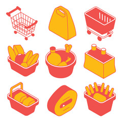 Isometric grocery shopping items collection featuring shopping cart bag food containers and checkout counter essential for retail themed design projects