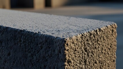 A close-up view of a textured concrete block outdoors in natural light