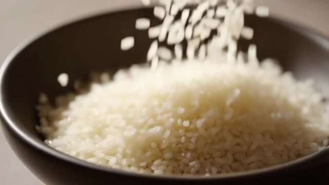 Falling rice filling dark bowl as grains cascade in kitchen setting