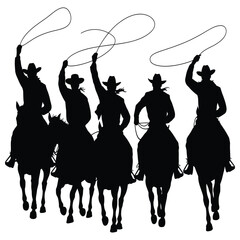 Silhouette of five cowboys riding horses with lasso isolated on white background horse rider equestrian sport rodeo cow boy wild west silhouette
