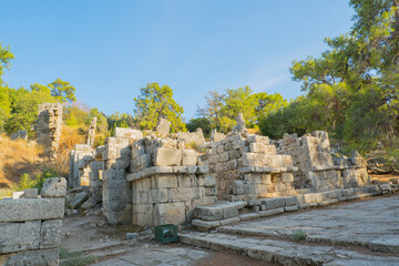 Ruins of ancient Phaselis, Antalya province. Turkey ancient city, streets, columns, buildings, scattered stones and parts of ruins and artifacts