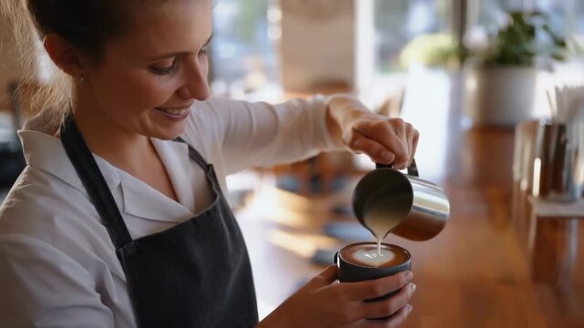 Barista pouring steamed milk creating heart-shaped latte art in coffee shop