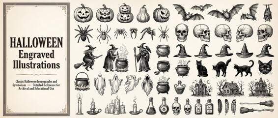 Engraved collection showcasing classic Halloween symbols and illustrations for artistic inspiration and educational reference