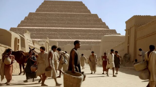 Ancient market scene with people and architecture in a sunlit desert environment