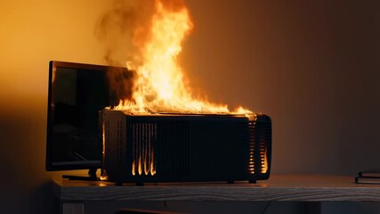 Computer monitor erupting in flames on desk in intense fire outburst