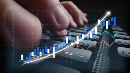 A close-up view of hands typing on a keyboard with dynamic stock market graphs and trend lines showing financial growth, ideal for illustrating trading analysis. Copula - Powered by Adobe