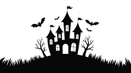 Spooky black silhouette of haunted castle with bats flying around
