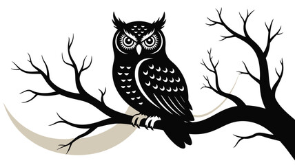 Majestic owl perched on bare tree branch in striking black and white